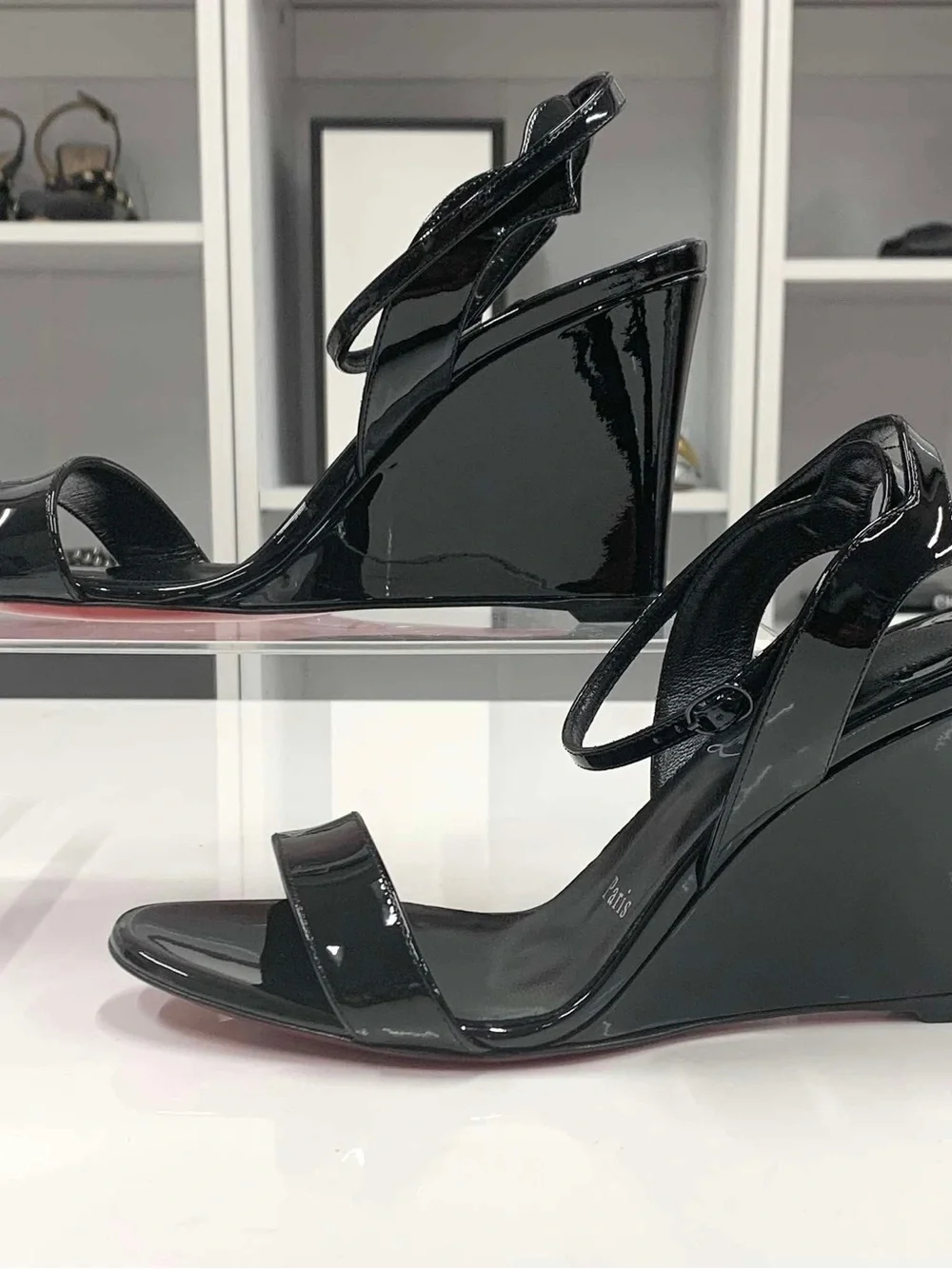 Christian Louboutin Black Patent Wedge Sandals with Red Soles